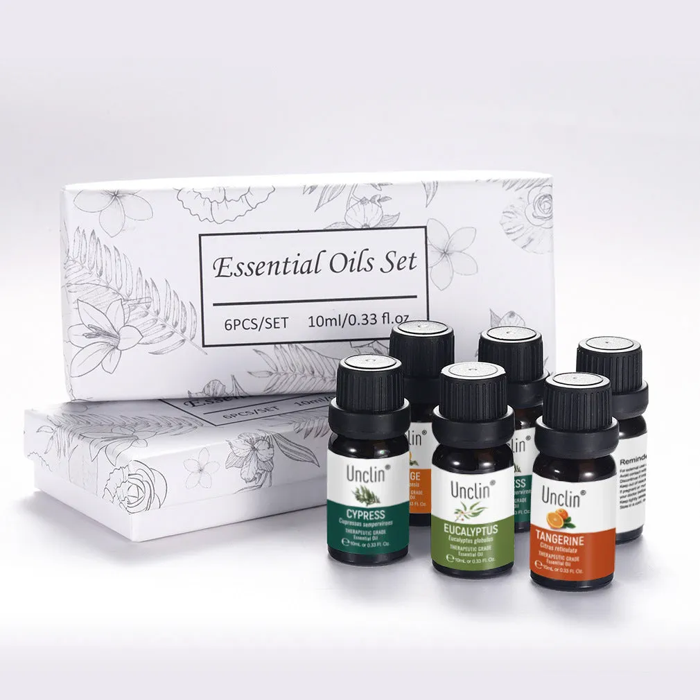 Six piece aromatherapy essential oil set 10ml each with sweet orange eucalyptus mint tangerine cypress anise in box