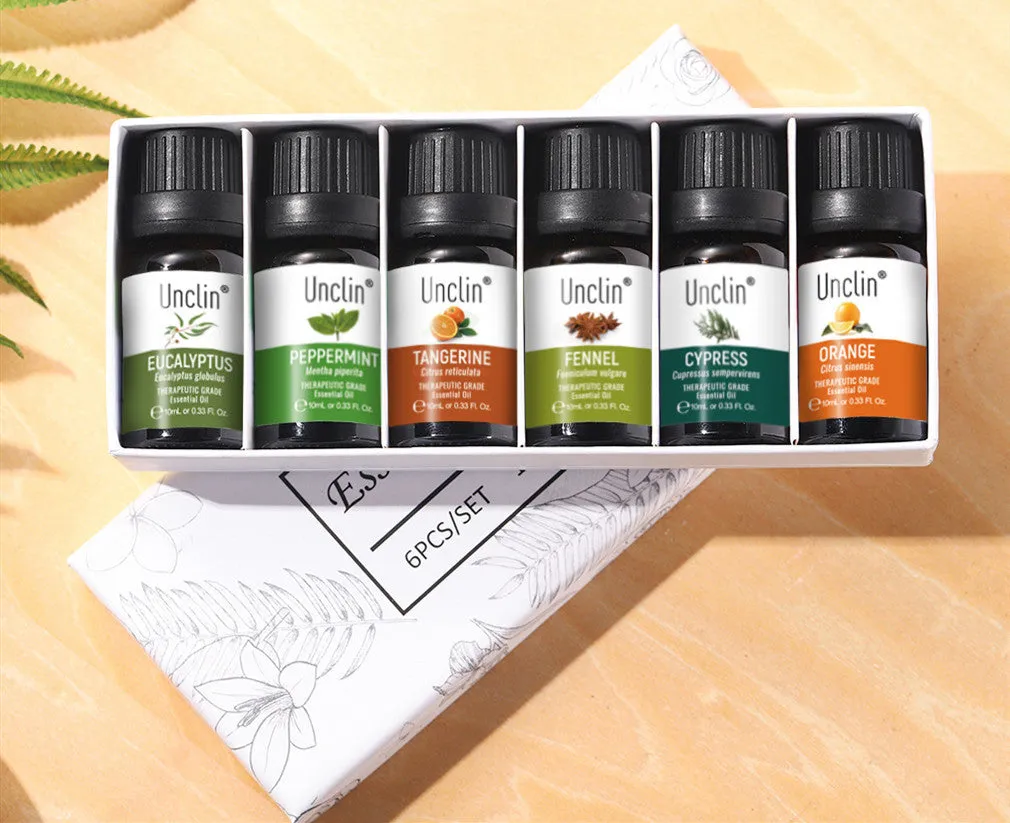 Six piece aromatherapy essential oil set 10ml each with sweet orange eucalyptus mint tangerine cypress anise in box