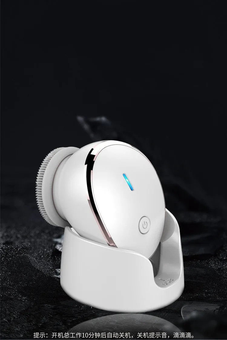 White multifunction USB charging facial cleansing massager with hot egg design, silicone brush head, and 5 vibration modes on a white background