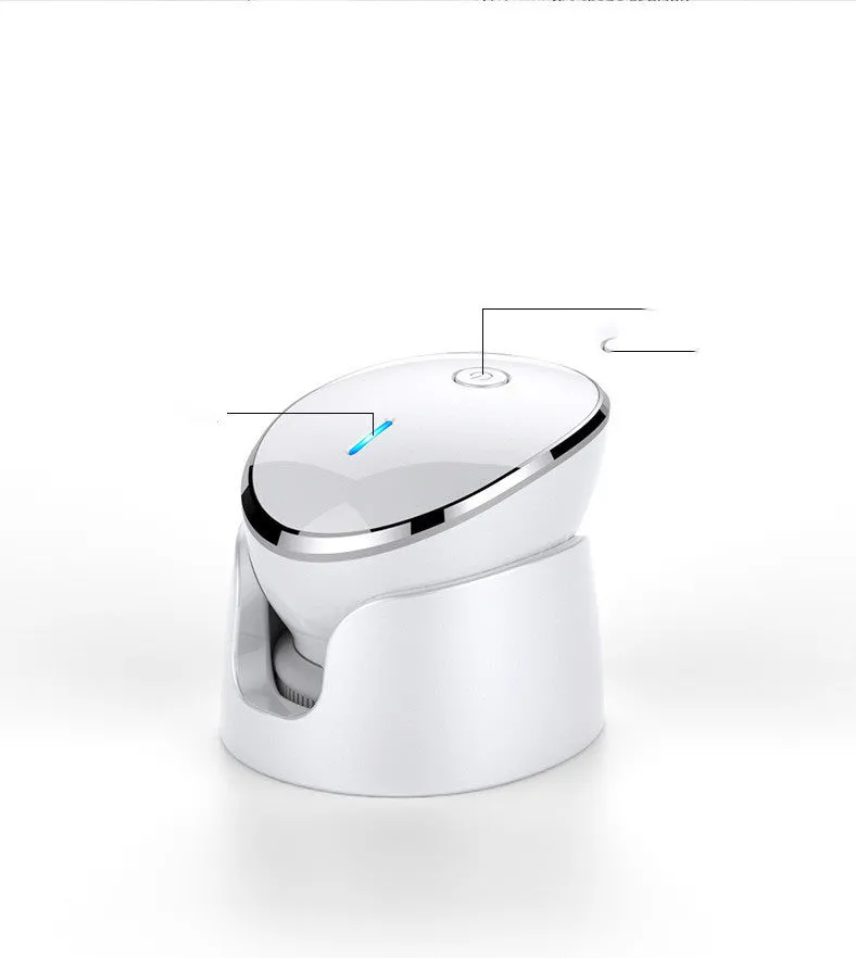 White multifunction USB charging facial cleansing massager with hot egg design, silicone brush head, and 5 vibration modes on a white background