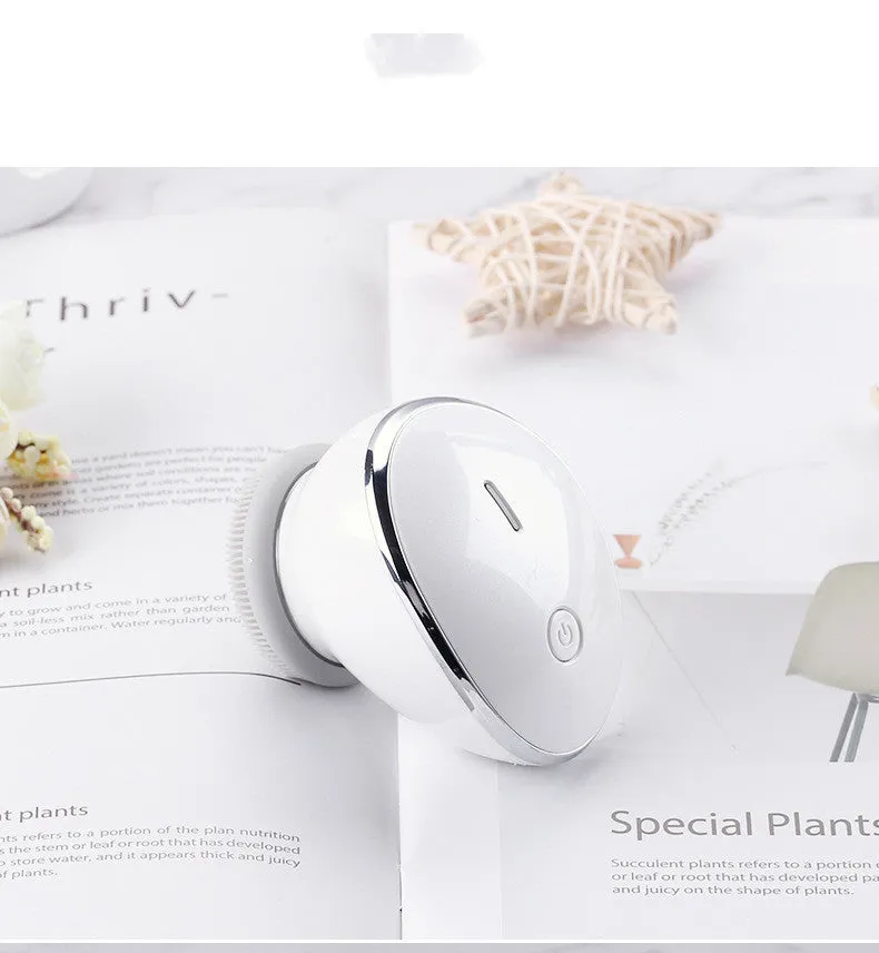 White multifunction USB charging facial cleansing massager with hot egg design, silicone brush head, and 5 vibration modes on a white background
