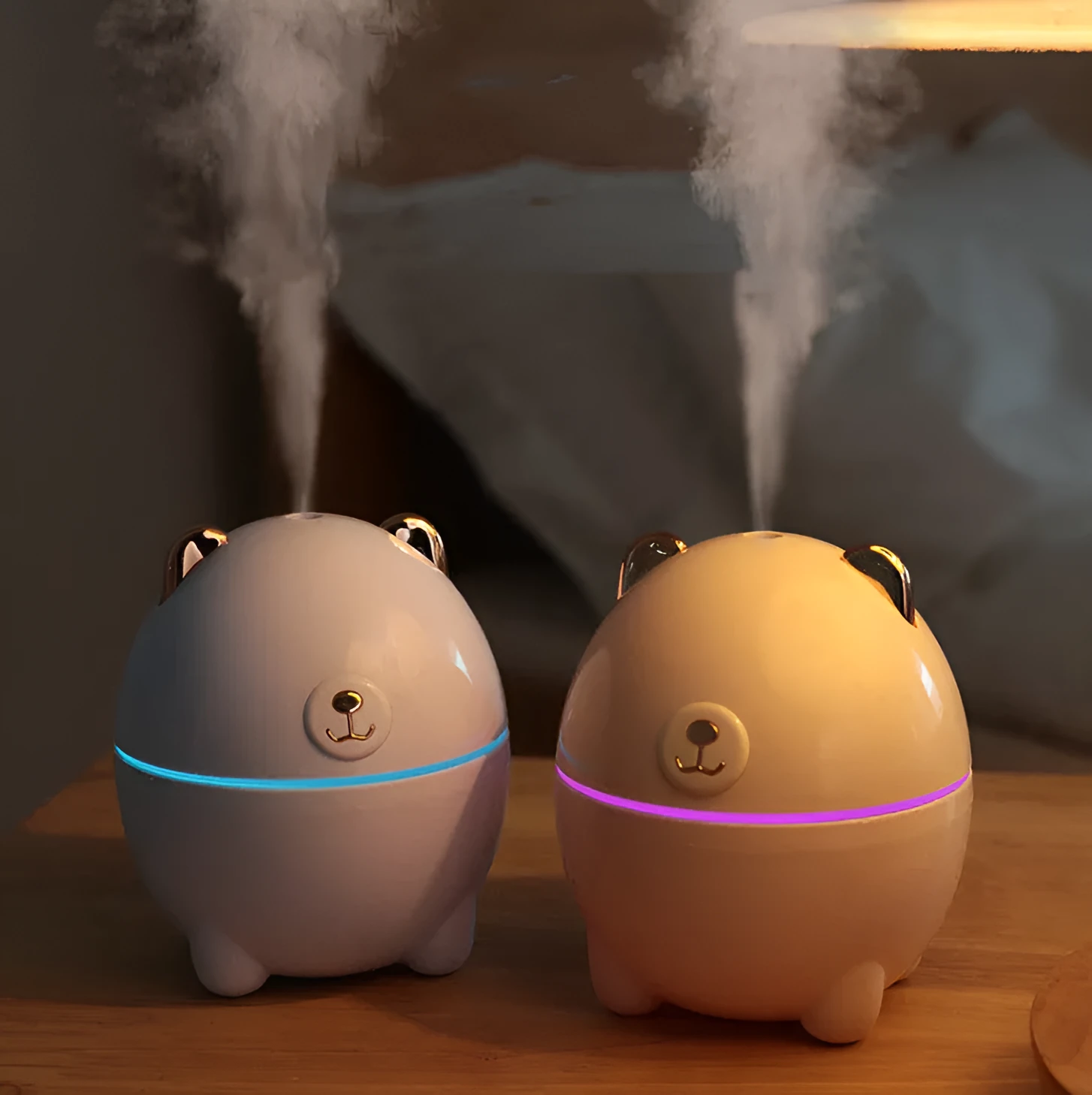 Mini bear humidifier in blue USB-powered compact desktop device 110x95x95mm