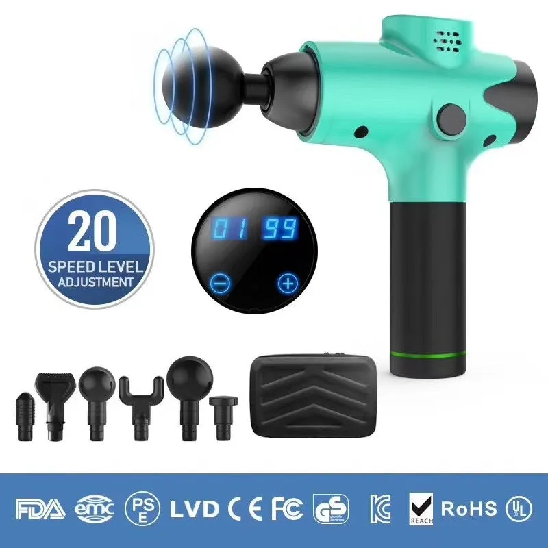 Massage gun with 6 massage heads, black ABS body, and LCD touch screen on a white background