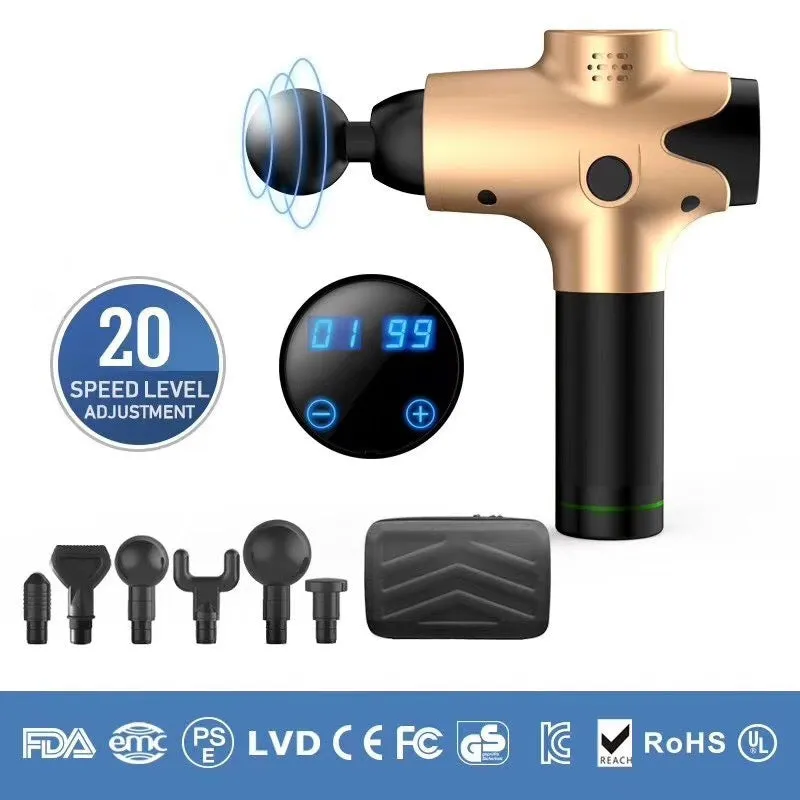 Massage gun with 6 massage heads, black ABS body, and LCD touch screen on a white background