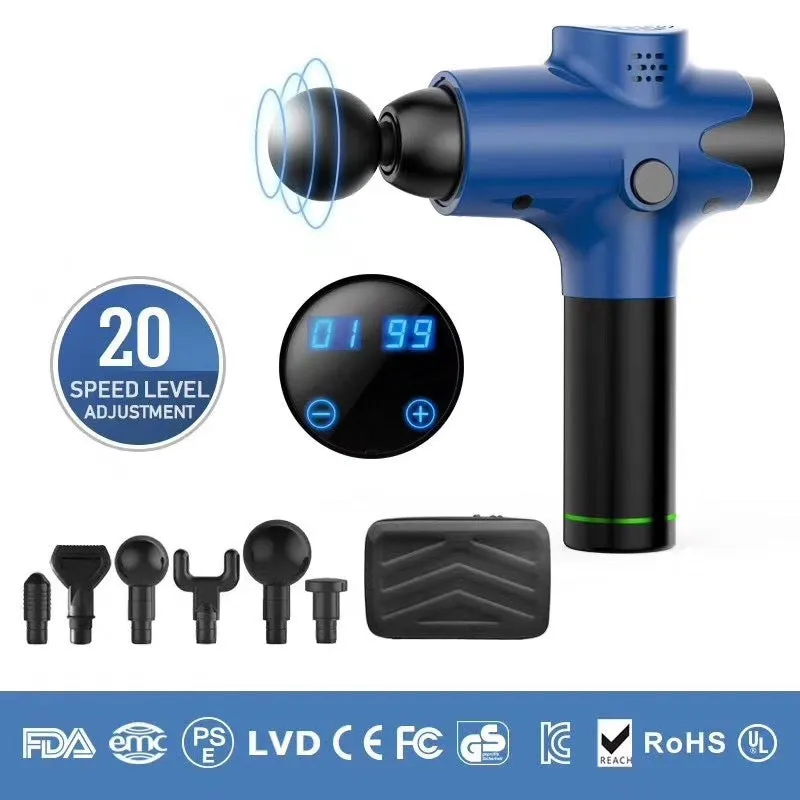 Massage gun with 6 massage heads, black ABS body, and LCD touch screen on a white background