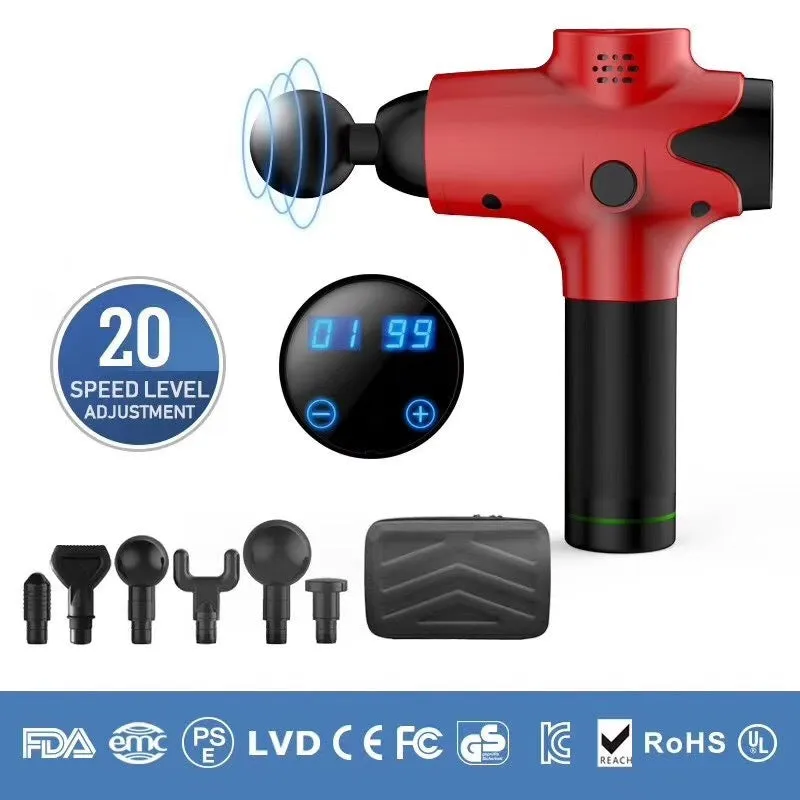 Massage gun with 6 massage heads, black ABS body, and LCD touch screen on a white background