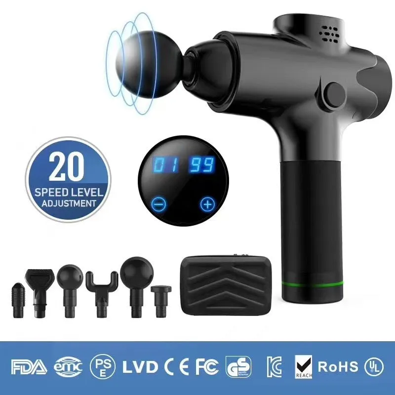 Massage gun with 6 massage heads, black ABS body, and LCD touch screen on a white background