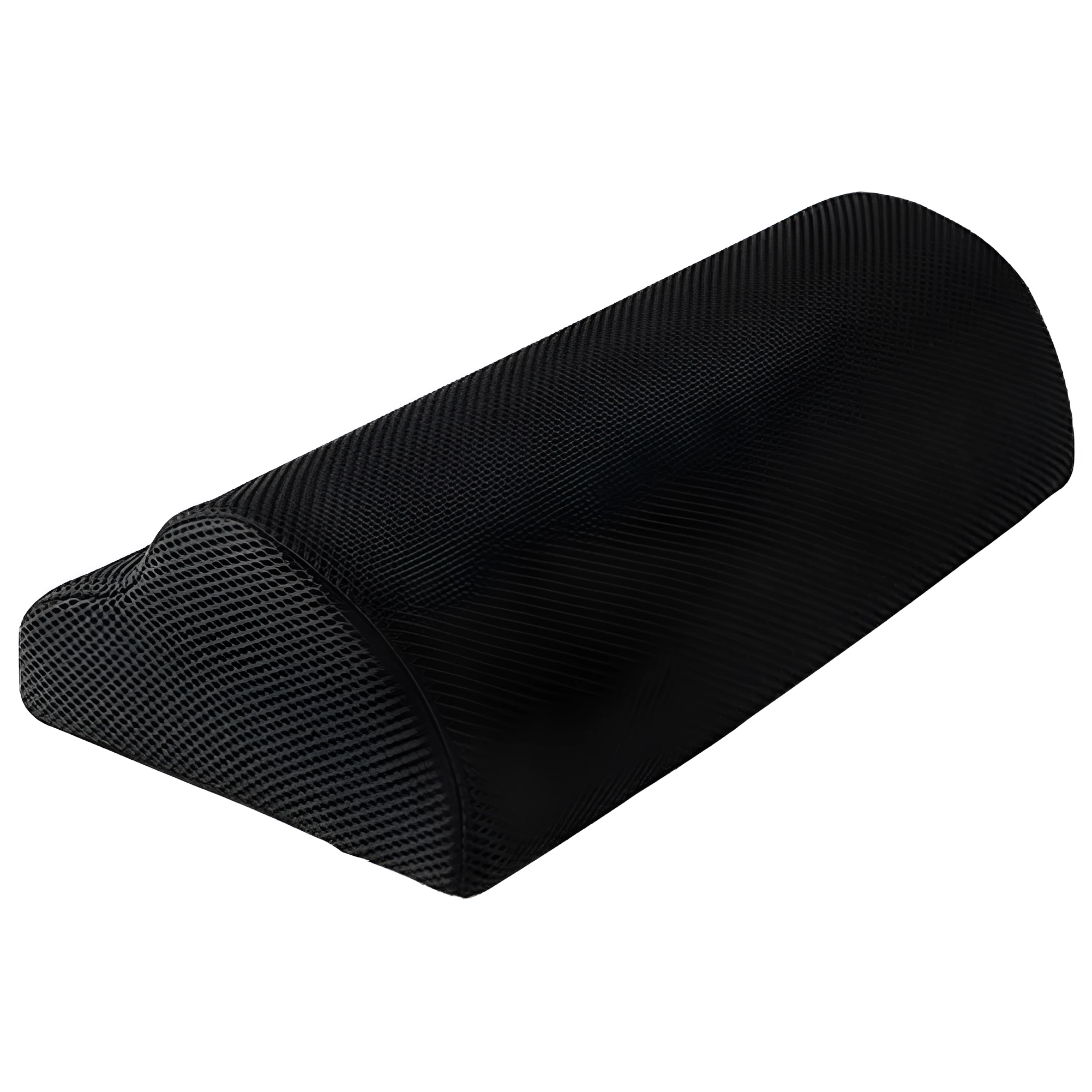 Semi-circular black foot rest pillow 40x20x10cm on floor under desk