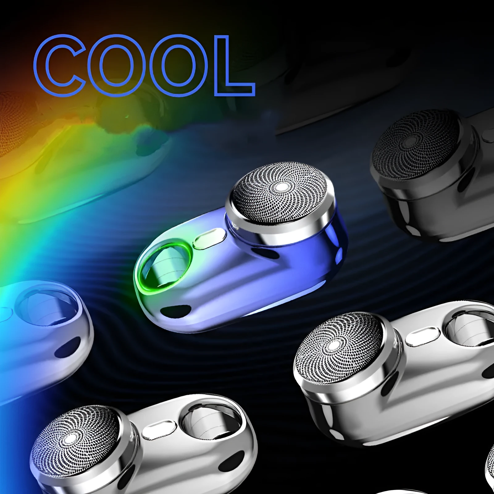 Silver travel waterproof mini electric shaver with rotary head and LED display on white background