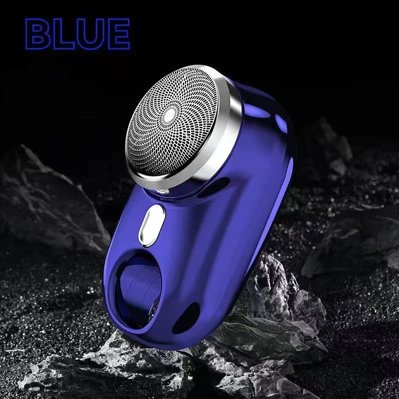 Silver travel waterproof mini electric shaver with rotary head and LED display on white background