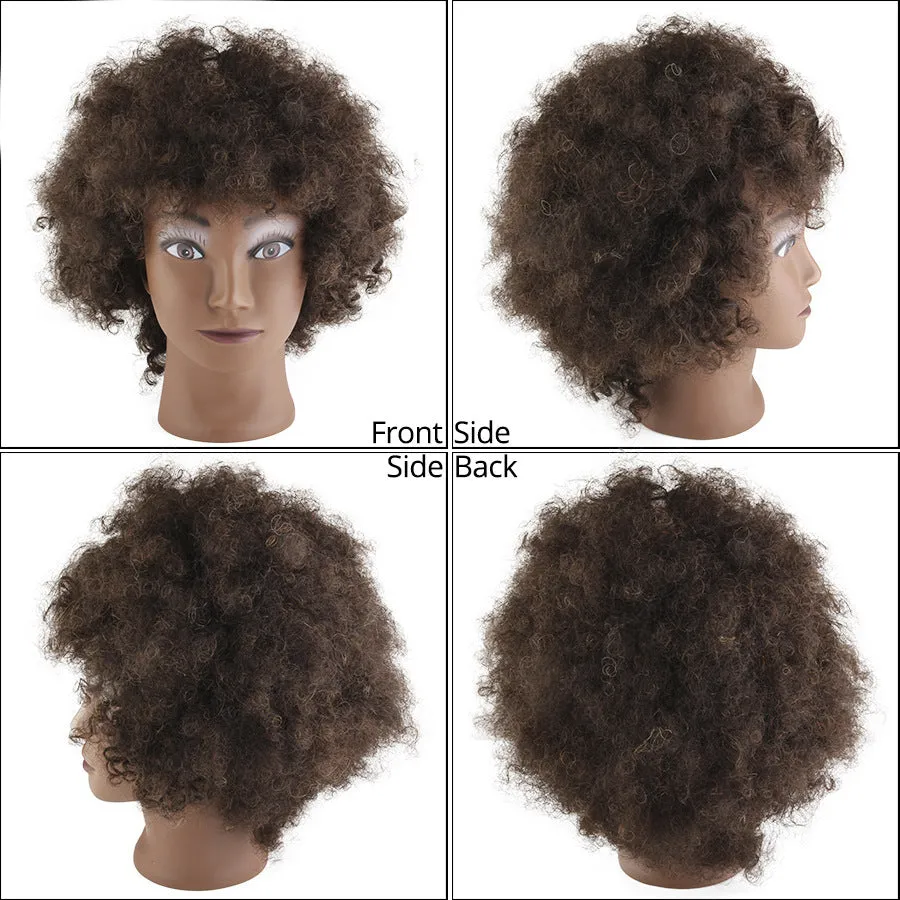 Black real human hair model wig with short fluffy style on head mold for salon display