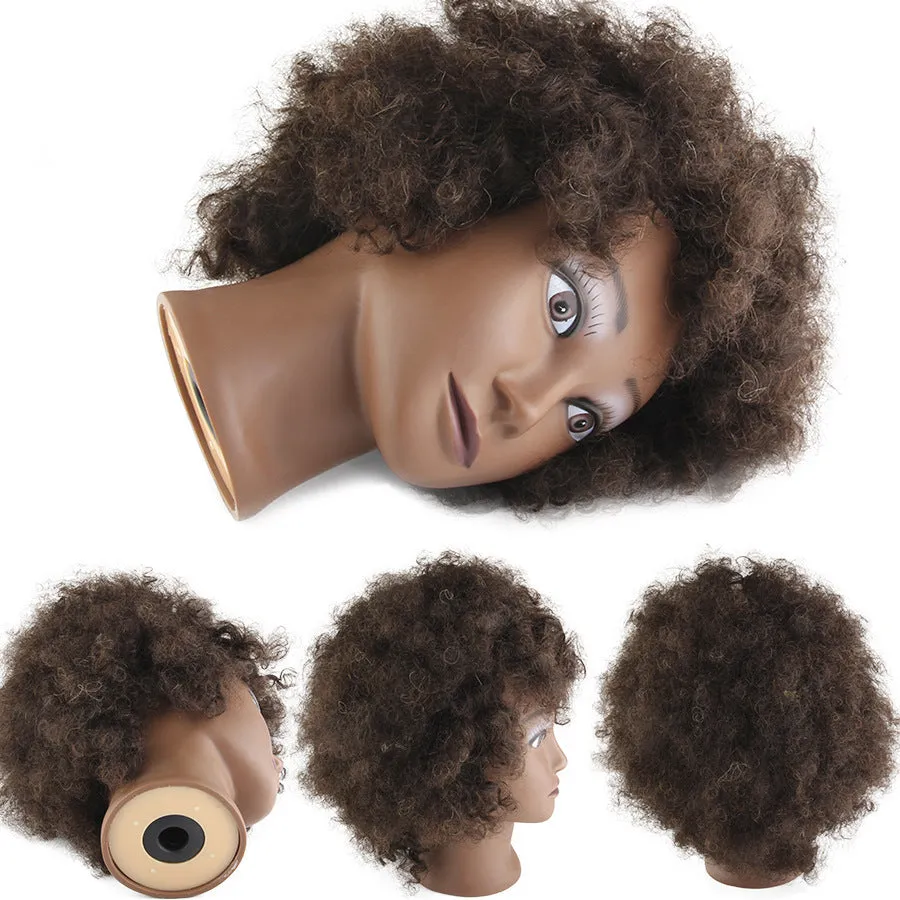 Black real human hair model wig with short fluffy style on head mold for salon display