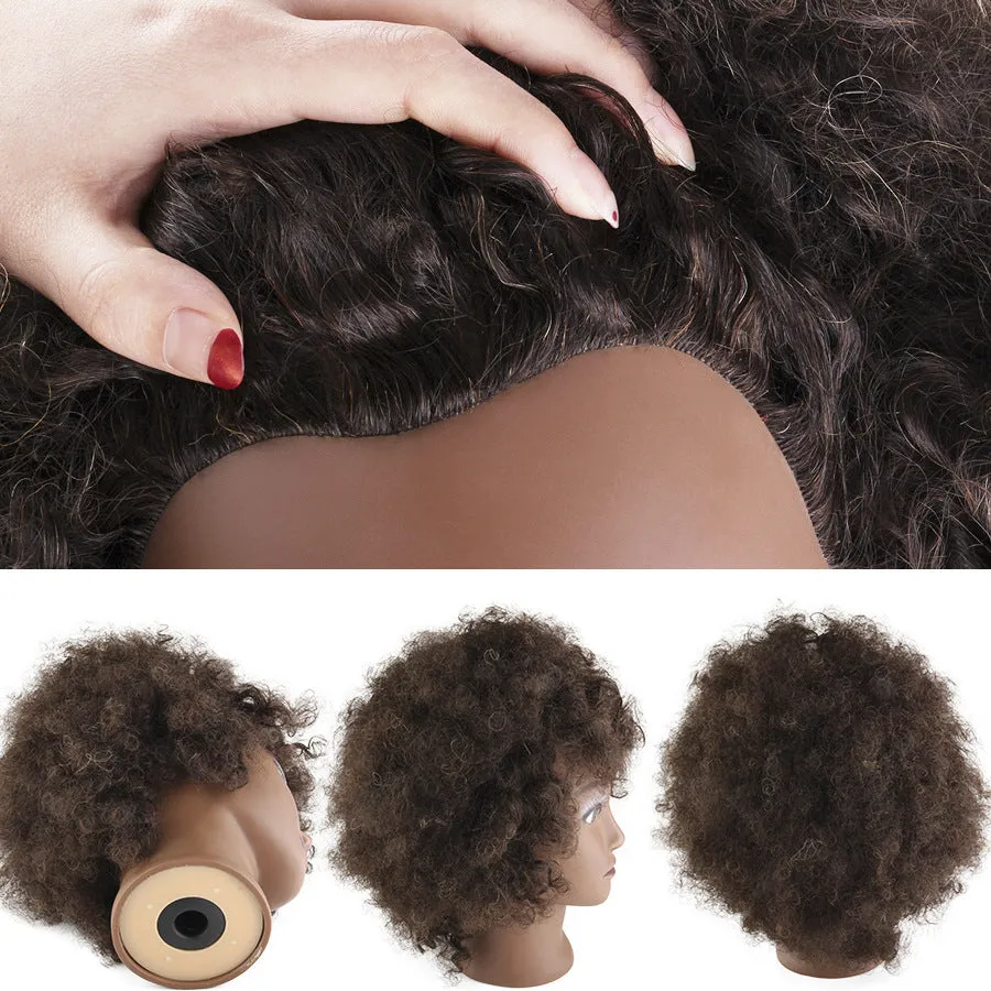 Black real human hair model wig with short fluffy style on head mold for salon display