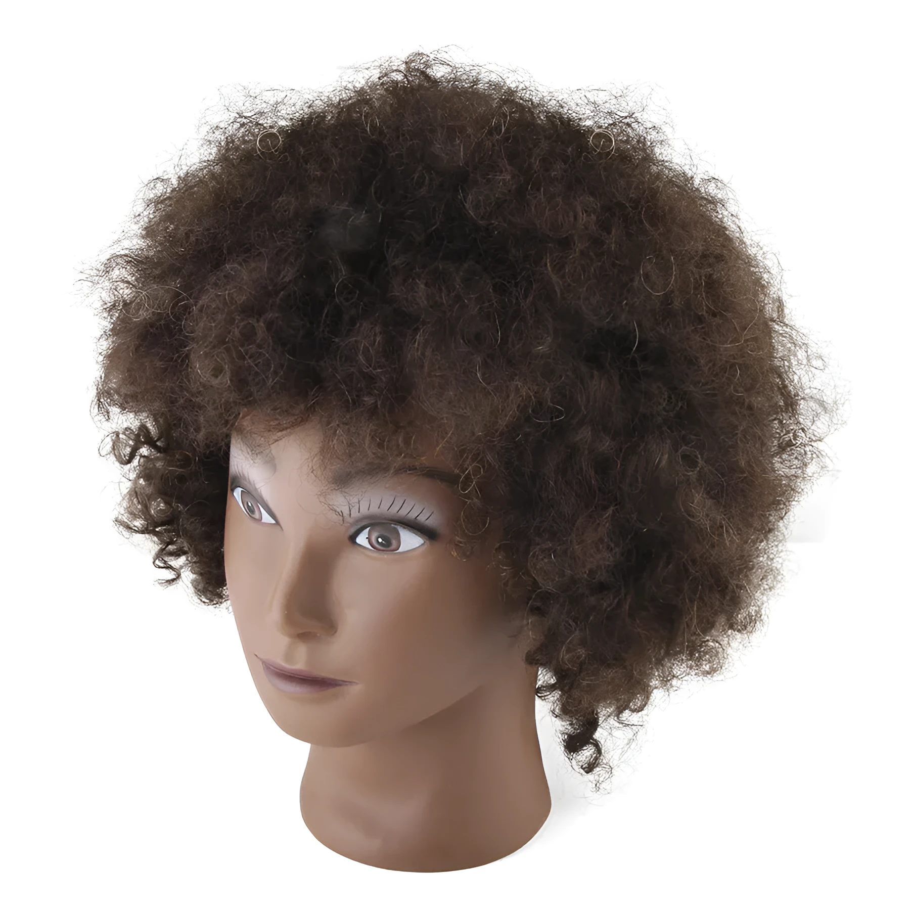 Black real human hair model wig with short fluffy style on head mold for salon display