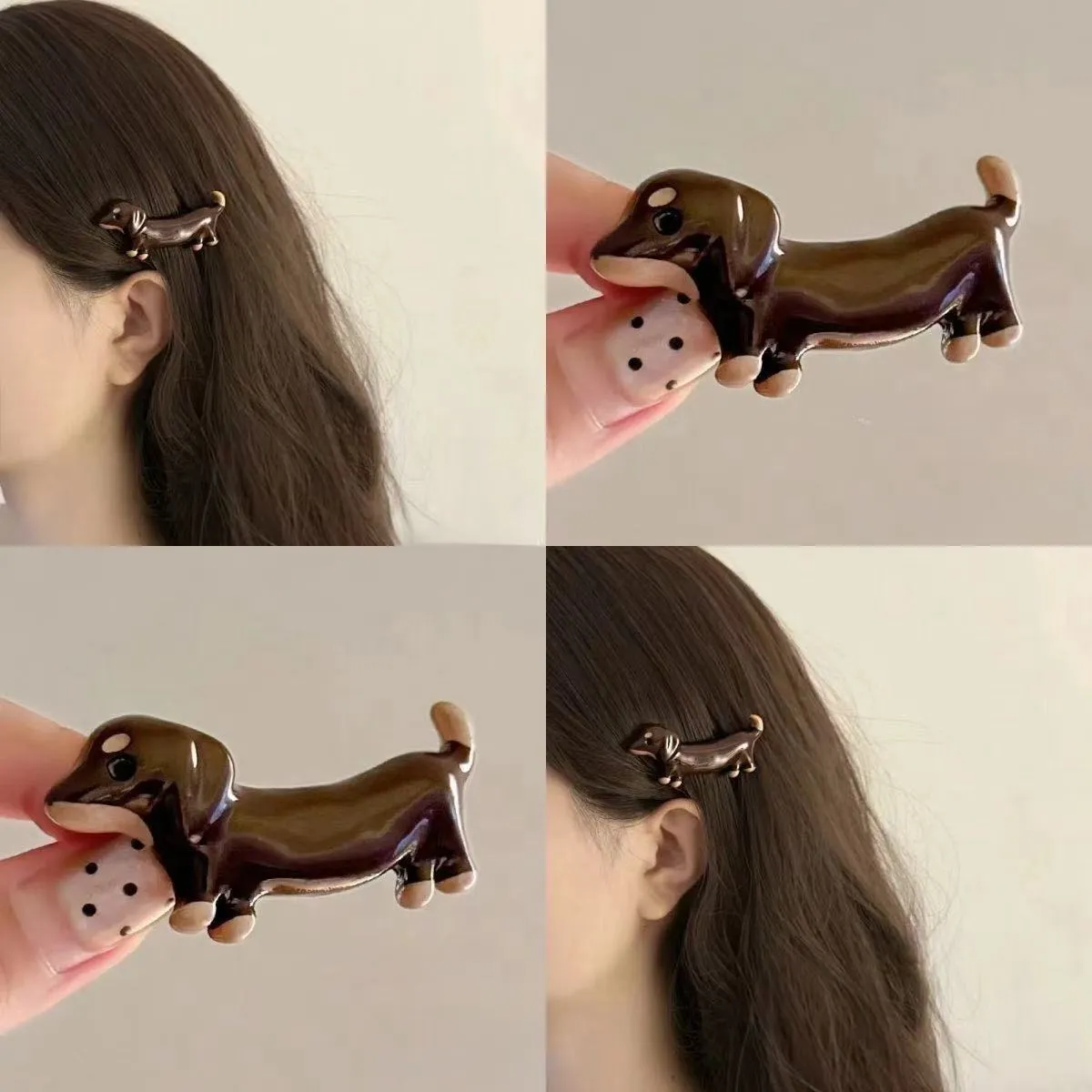 Dachshund dog hair barrette with delicate wire construction and electroplated finish