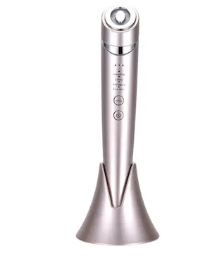 Pulse RF beauty instrument in mist blue held in hand, showing silicone head and control button