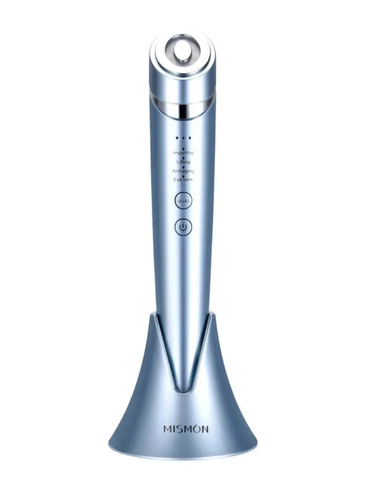 Pulse RF beauty instrument in mist blue held in hand, showing silicone head and control button
