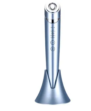 Pulse RF beauty instrument in mist blue held in hand, showing silicone head and control button