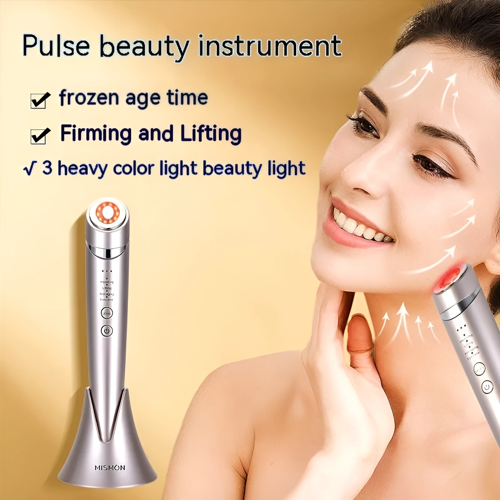 Pulse RF beauty instrument in mist blue held in hand, showing silicone head and control button
