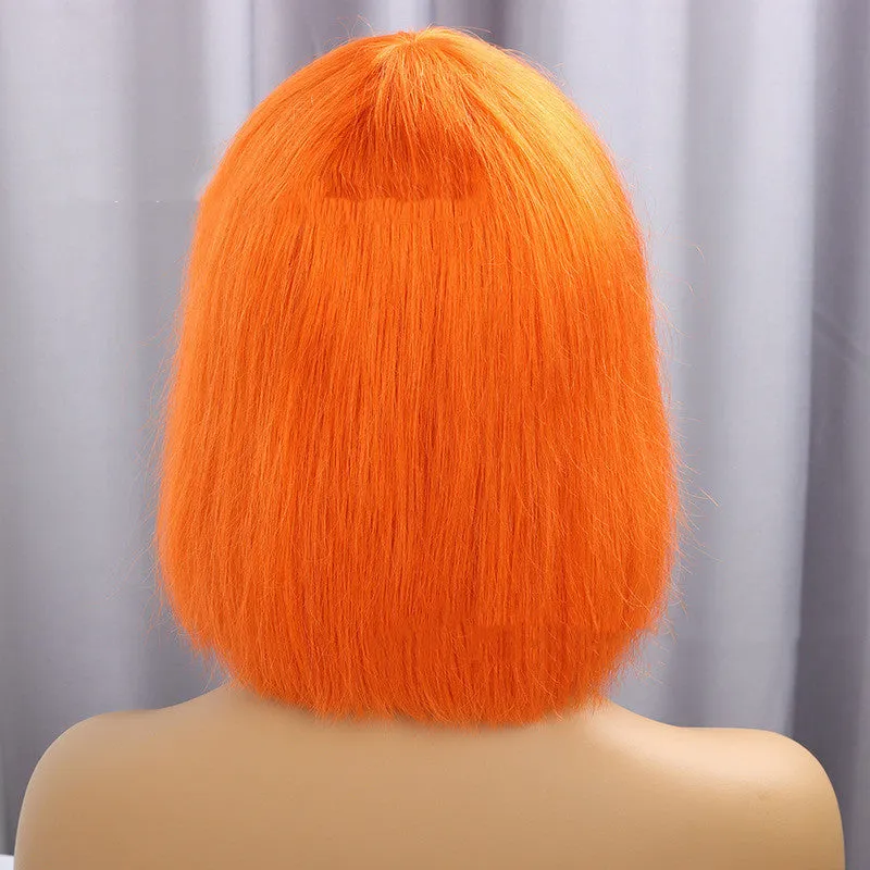 Real hair short straight wig with Qi bangs and full mechanism cap in 10 inch length on a mannequin head