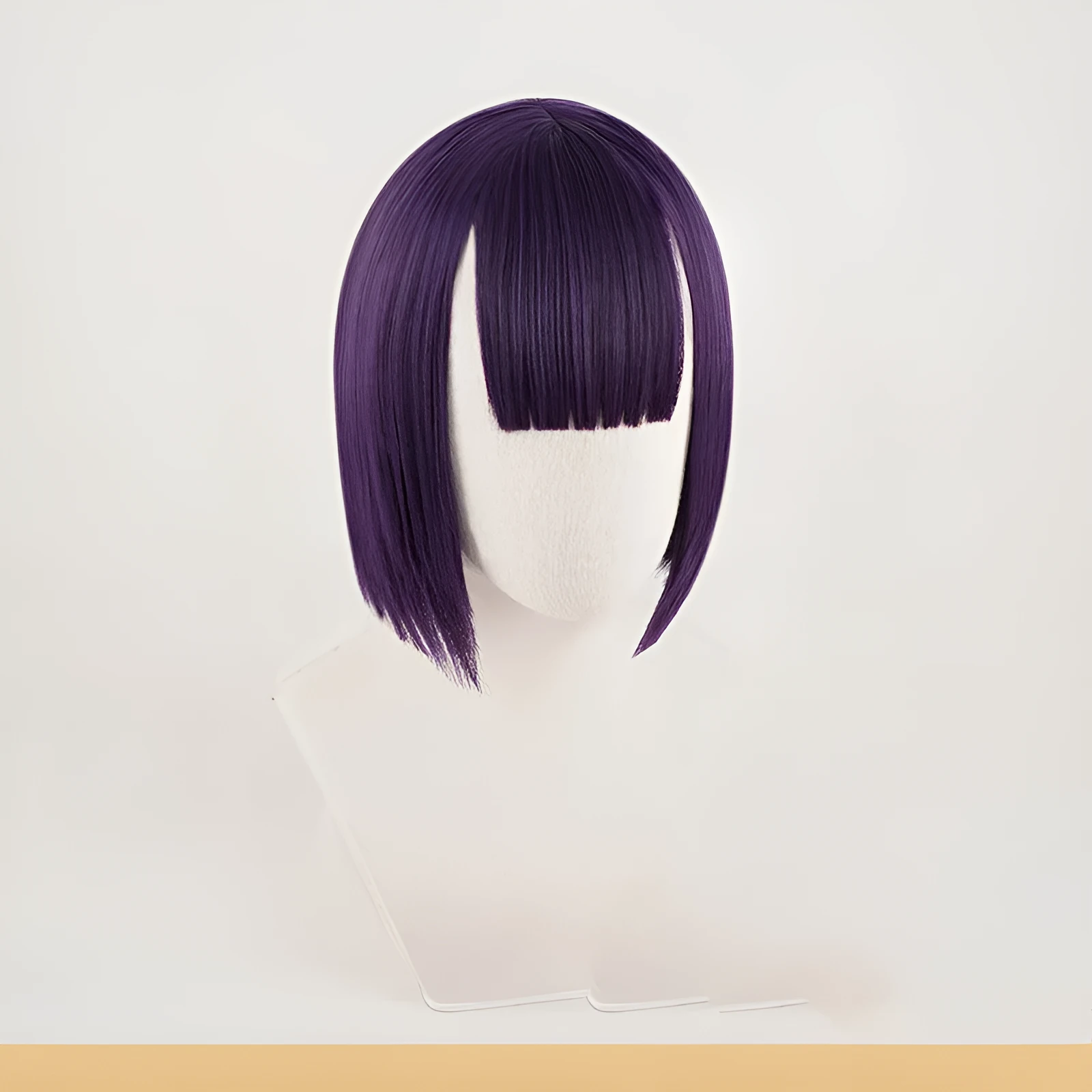 Short purple cosplay wig made from high temperature silk with rose net inner net for a natural look
