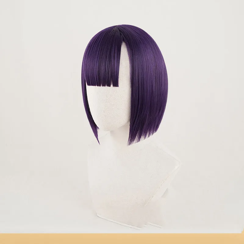 Short purple cosplay wig made from high temperature silk with rose net inner net for a natural look