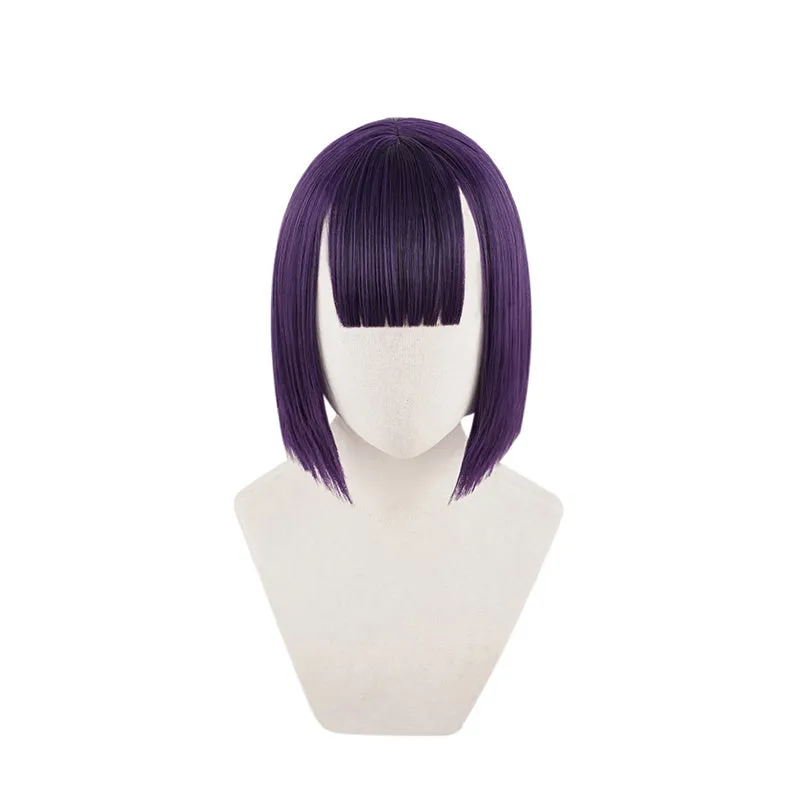Short purple cosplay wig made from high temperature silk with rose net inner net for a natural look