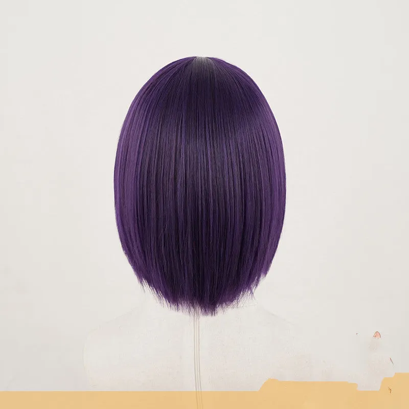 Short purple cosplay wig made from high temperature silk with rose net inner net for a natural look