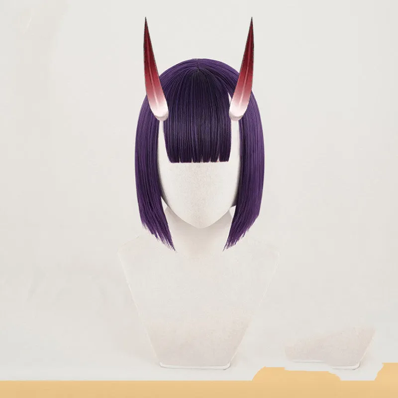 Short purple cosplay wig made from high temperature silk with rose net inner net for a natural look