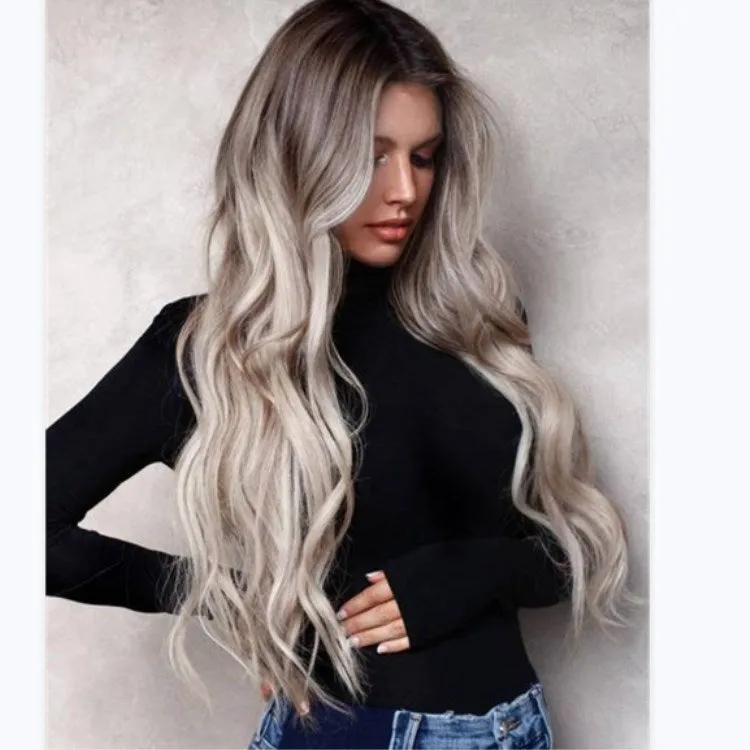 Big wavy long curly hair wig in Grandma Ash colour for ladies with long bangs