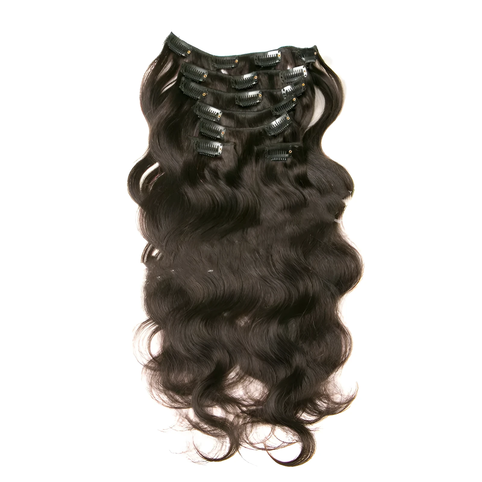 Seven-piece clip-in real hair wig set with lengths from 16 to 24 inches in natural shades