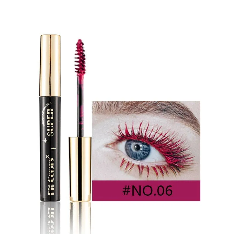 Colourful mascara tube with display showing 12 shade options including wine red, gold, purple and blue.