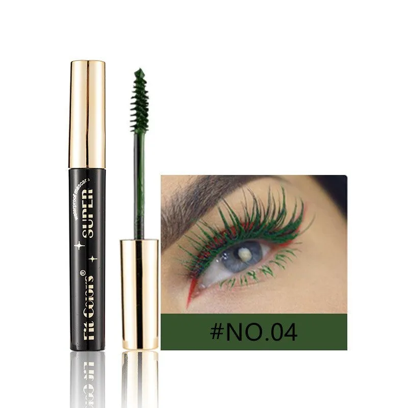 Colourful mascara tube with display showing 12 shade options including wine red, gold, purple and blue.