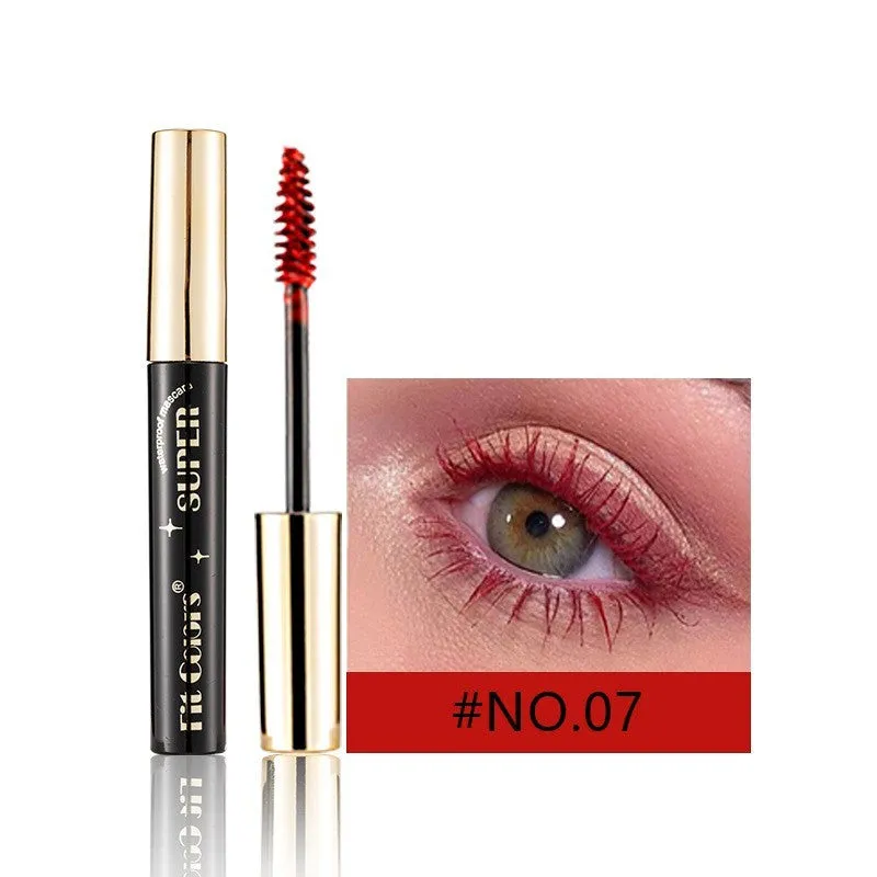 Colourful mascara tube with display showing 12 shade options including wine red, gold, purple and blue.