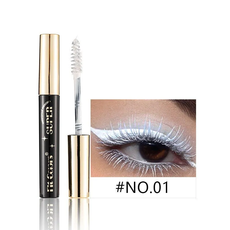 Colourful mascara tube with display showing 12 shade options including wine red, gold, purple and blue.