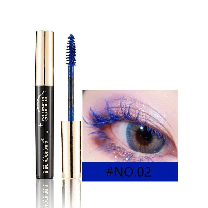 Colourful mascara tube with display showing 12 shade options including wine red, gold, purple and blue.
