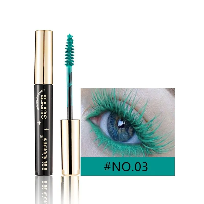Colourful mascara tube with display showing 12 shade options including wine red, gold, purple and blue.