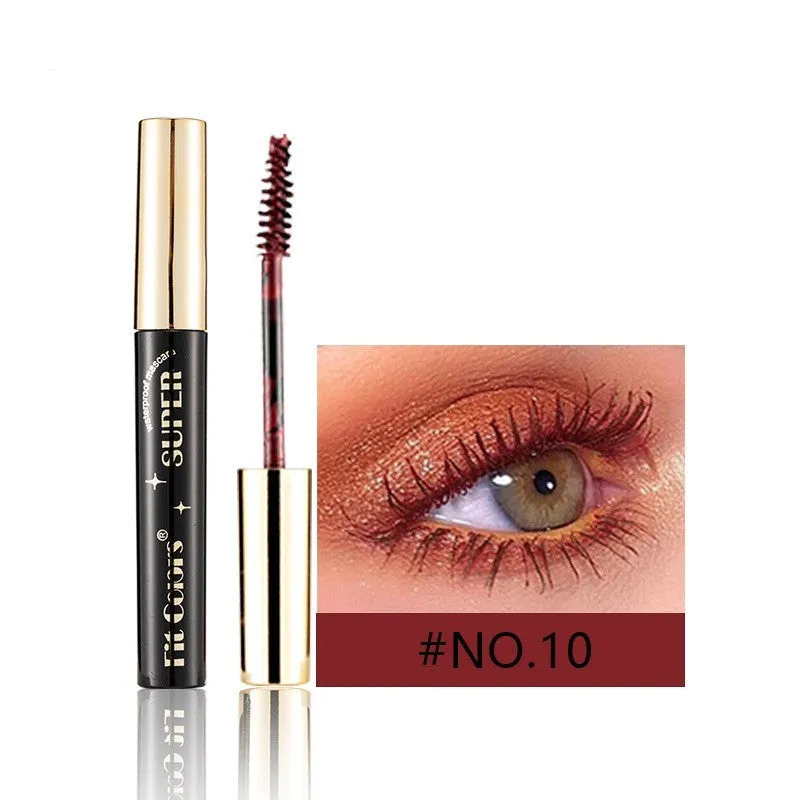 Colourful mascara tube with display showing 12 shade options including wine red, gold, purple and blue.