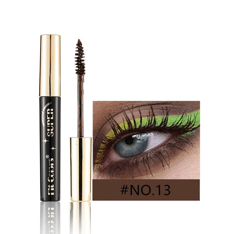 Colourful mascara tube with display showing 12 shade options including wine red, gold, purple and blue.