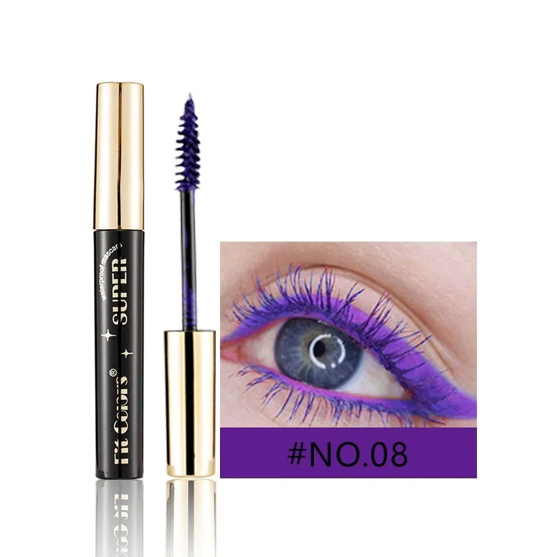 Colourful mascara tube with display showing 12 shade options including wine red, gold, purple and blue.