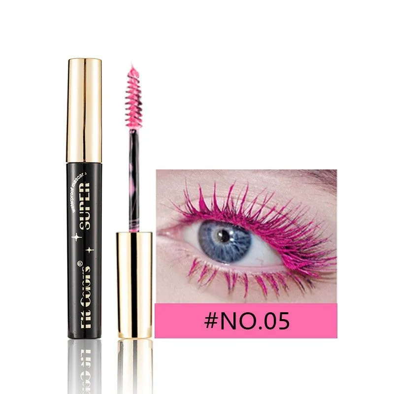 Colourful mascara tube with display showing 12 shade options including wine red, gold, purple and blue.