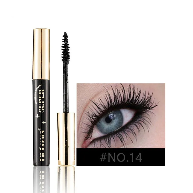 Colourful mascara tube with display showing 12 shade options including wine red, gold, purple and blue.