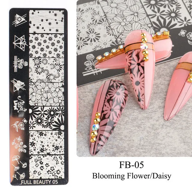Stainless steel nail stamping plate with lover, flower, and ocean patterns 12x4cm