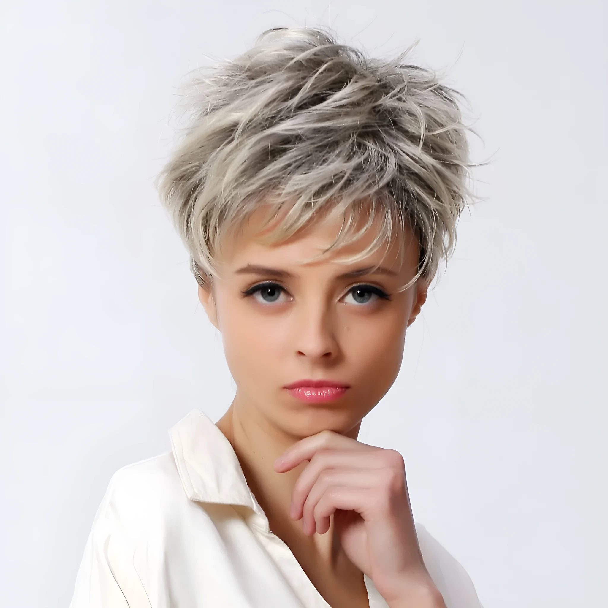 White short hair set with flower detail, 8 inch length, full mechanism construction, 90g
