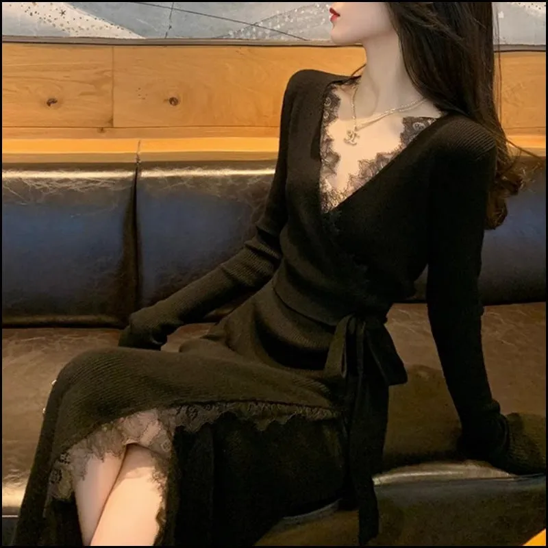Black women's slim fit woolen skirt dress with a midi length and princess cut.