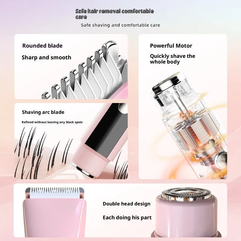Women's double-headed electric hair removal shaver with USB cable in blue packaging