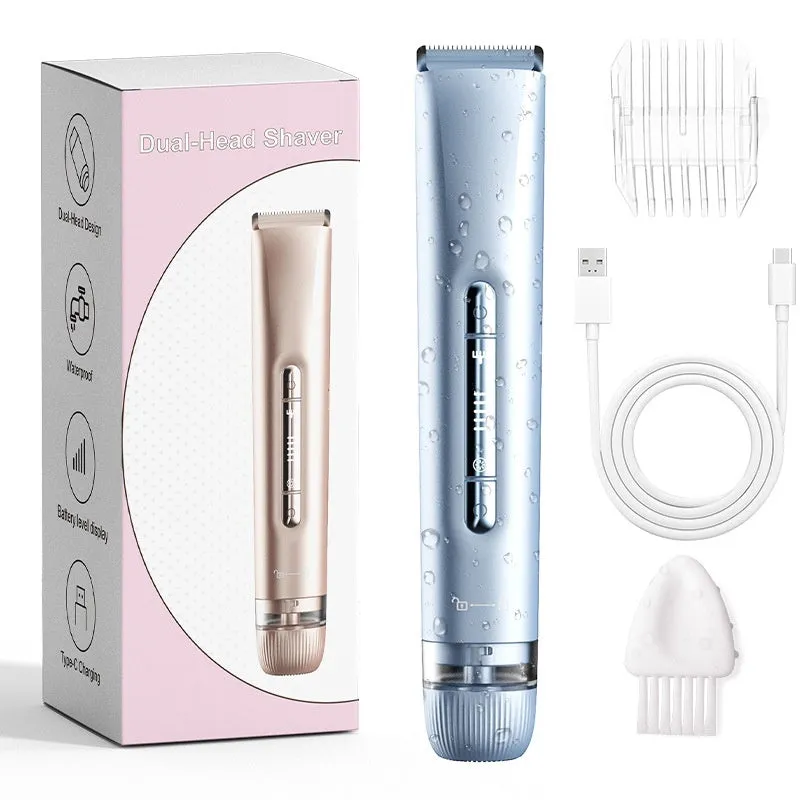 Women's double-headed electric hair removal shaver with USB cable in blue packaging