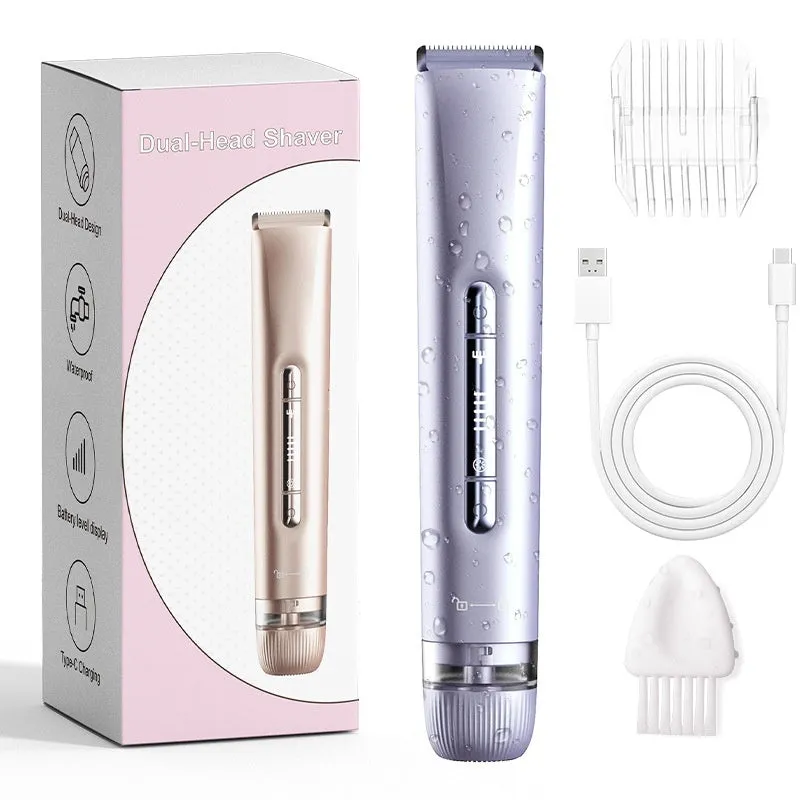 Women's double-headed electric hair removal shaver with USB cable in blue packaging