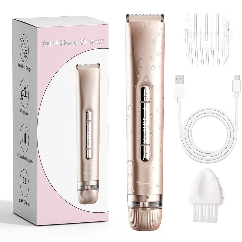 Women's double-headed electric hair removal shaver with USB cable in blue packaging