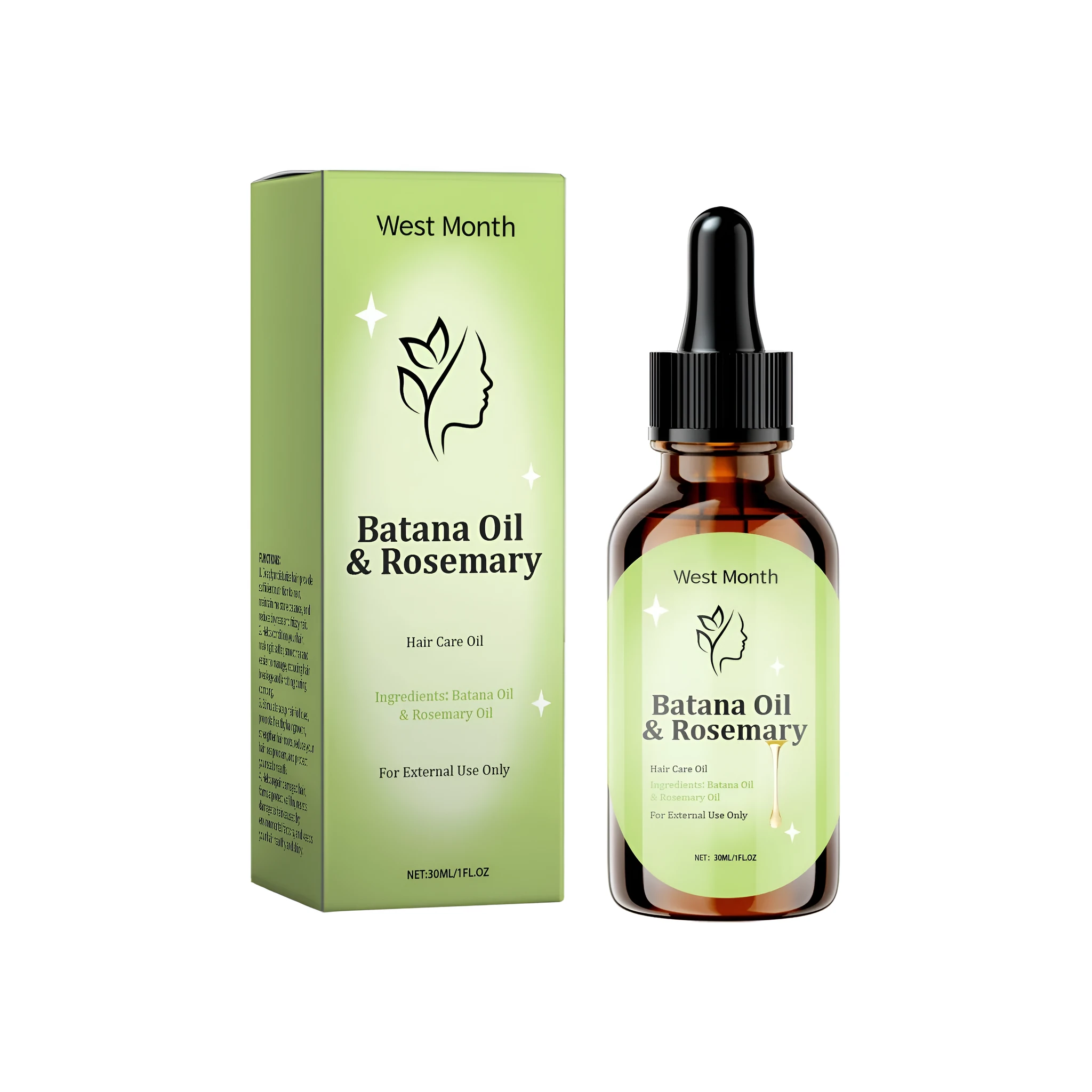 30ml bottle of hair growth oil with rosemary, mint, and vitamin E, dimensions 2.8 by 2.8 by 10.3 cm